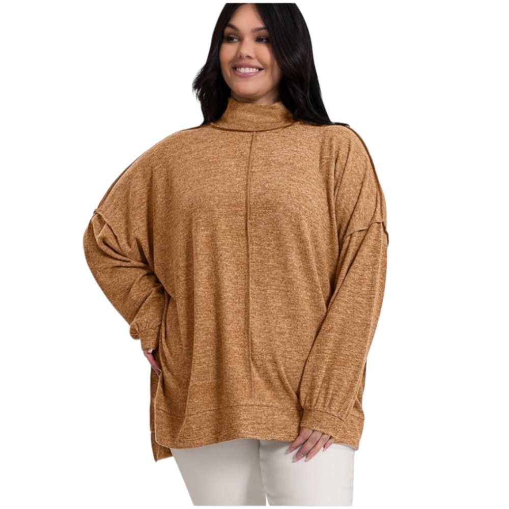 New Zenana Plus Size DK Camel Hacci Mock Neck Sweater (1X,2X,3X) - Picture 2 of 4